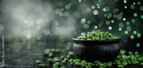 Fresh Green Coffee Beans in a Black Bowl With Sparkling Background