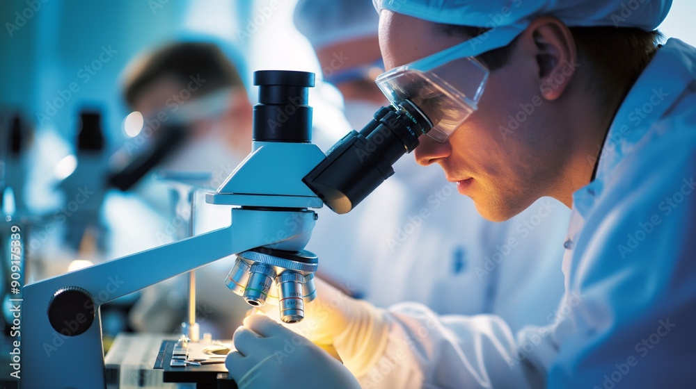 Scientists observing reactions through a microscope