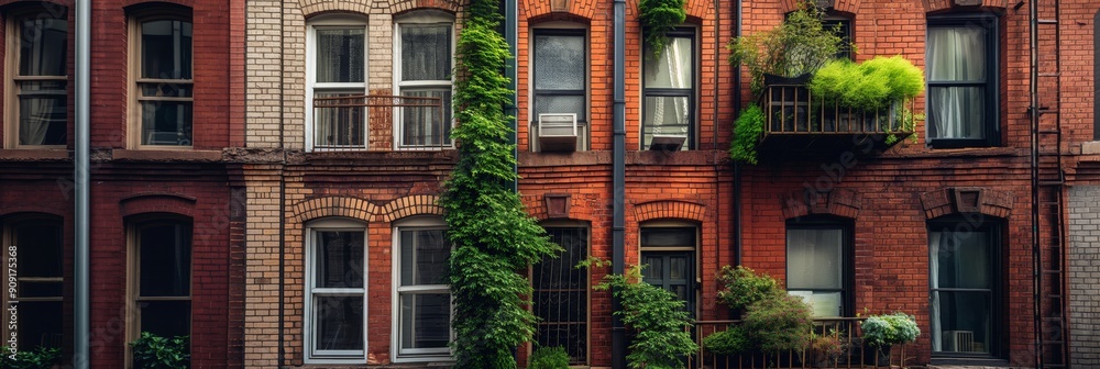 Naklejka premium Urban Oasis: A vibrant tapestry of brick facades and lush greenery, this photograph captures the charming essence of city life. The ivy creeping up the wall adds a touch of nature's beauty to the urba