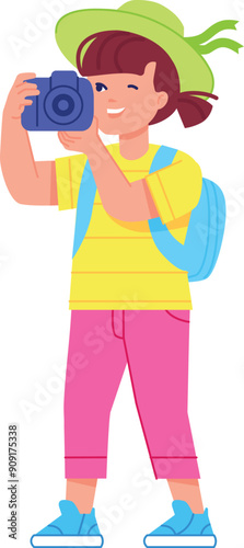 Happy kid traveler shooting photos. Tourist girl