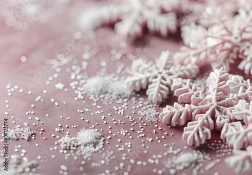 Snowflakes Spread Across a Soft Pink Surface in Winter Decor