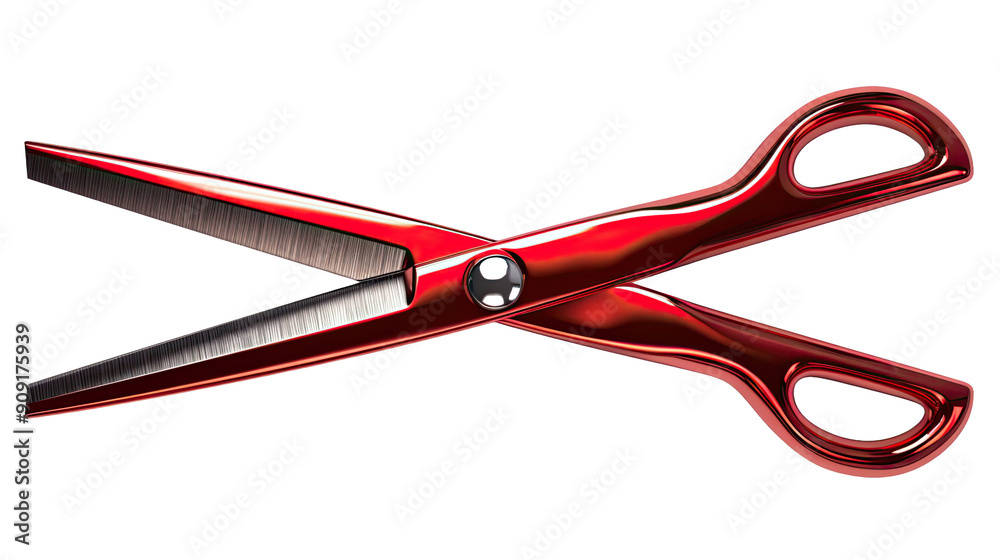 A pair of shiny red scissors with sharp blades, symbolizing cutting, crafting, or office work, displayed against a black background A pair of shiny red scissors with sharp blades, symbolizing cutting, crafting, or office work, displayed against a black background