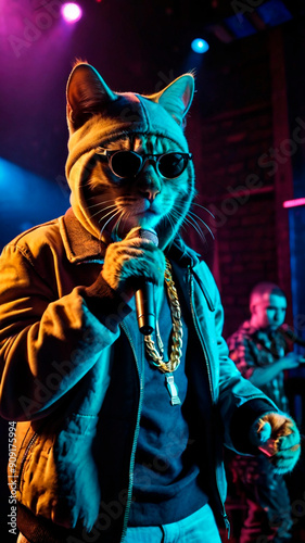 Rap Cat in Nightclub. AI Generated
