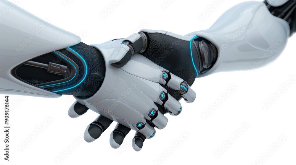 A closeup of two robotic hands shaking, symbolizing partnership and technology, with sleek, futuristic design elements and blue accents