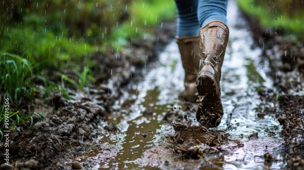 Person walking carefully on a muddy footpath Person walking carefully on a muddy footpath