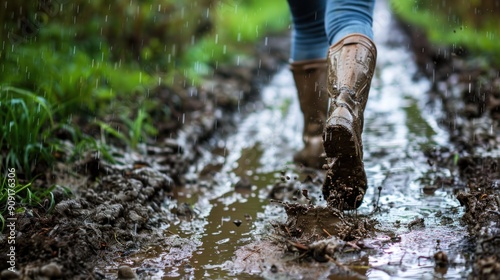 Person walking carefully on a muddy footpath