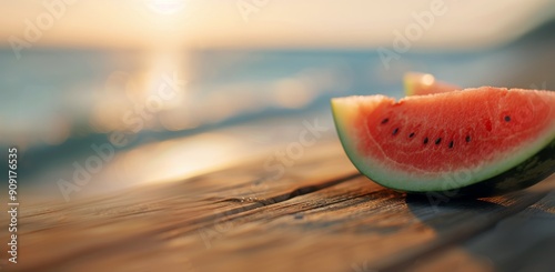Slices of Watermelon on Wooden Table at Sunset by the Beach