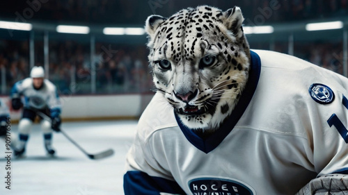Snow Leopard Hockey Player.AI Generated