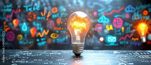A glowing light bulb surrounded by colorful scribbles and icons on a blackboard. Concept of creativity, innovation, and complex ideas.
