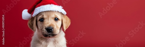 Christmas Puppy Wearing Santa Hat Against Red Background