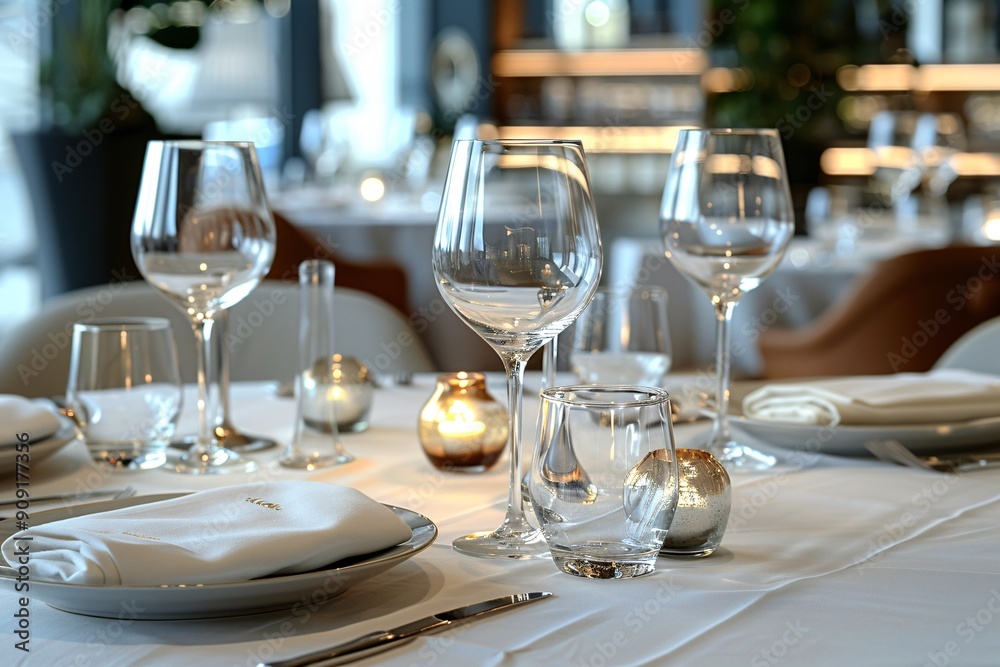 Elegant table setting with candles in restaurant. Selective focus. Romantic dinner setting with candles on table in restaurant.
Elegant table setting with candles in restaurant. Selective focus. Romantic dinner setting with candles on table in restaurant.