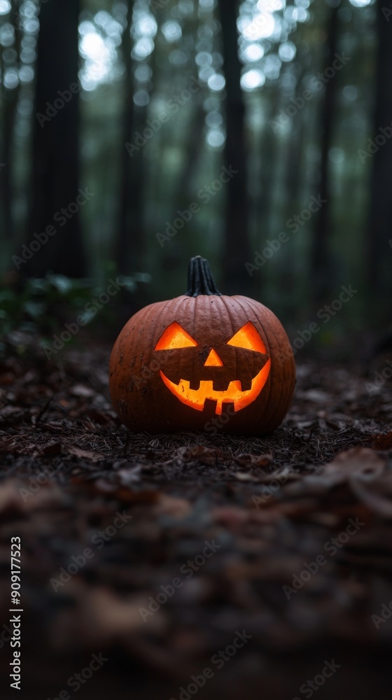 A glowing Jack-o'-lantern with an eerie face in a foggy, dark forest. In the shadowy forest, a glowing Jack-o'-lantern creates an eerie atmosphere. A glowing Jack-o'-lantern with an eerie face in a foggy, dark forest. In the shadowy forest, a glowing Jack-o'-lantern creates an eerie atmosphere.