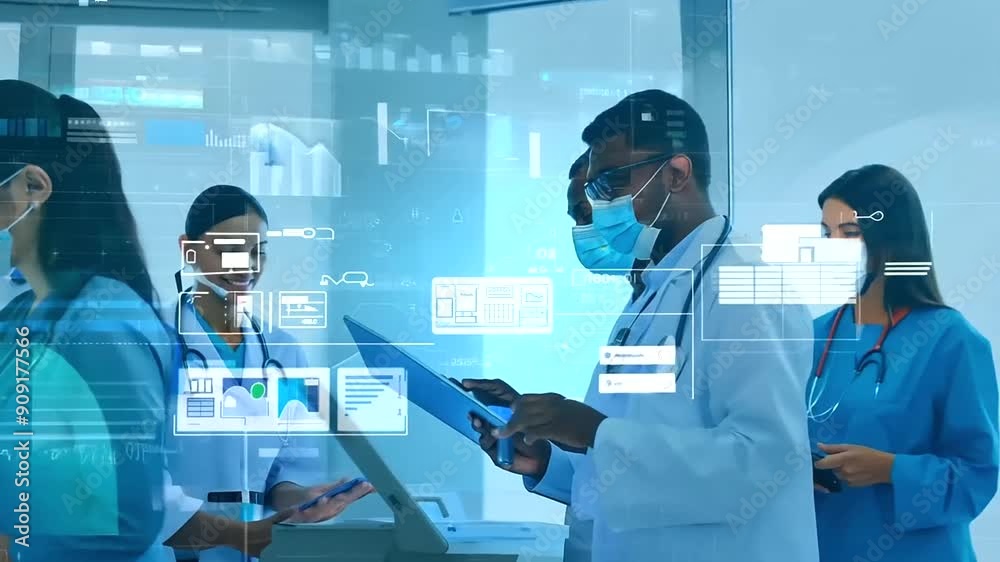 Electronic Health Record Management The shift to electronic health records (EHR), depicted with healthcare professionals accessing and updating patient records digitally Electronic Health Record Management The shift to electronic health records (EHR), depicted with healthcare professionals accessing and updating patient records digitally