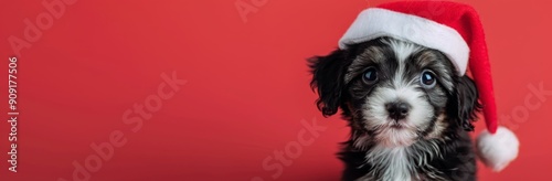 Cute Dog in Christmas Hat Against Red Background