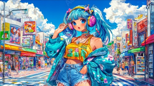 Anime girl in the city wearing headphones on her head, lo-fi,