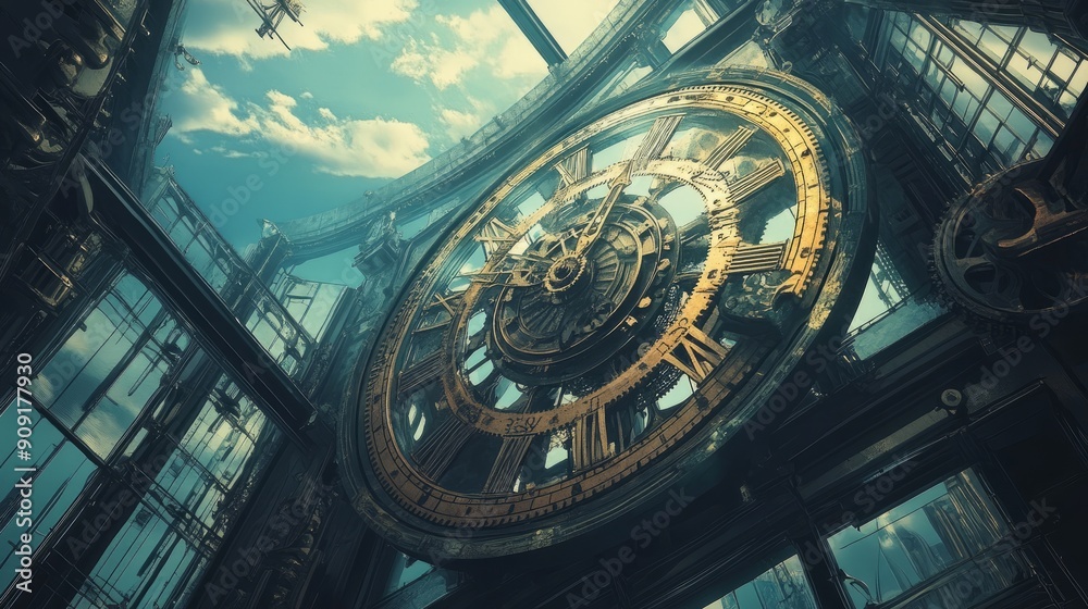 Fototapeta premium Steampunk Clock Tower: A Majestic Architectural Marvel