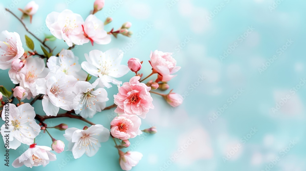 Fototapeta premium Beautiful cherry blossom flowers in delicate white and pink shades on a soft, diffused turquoise background. Perfect for spring-themed designs.