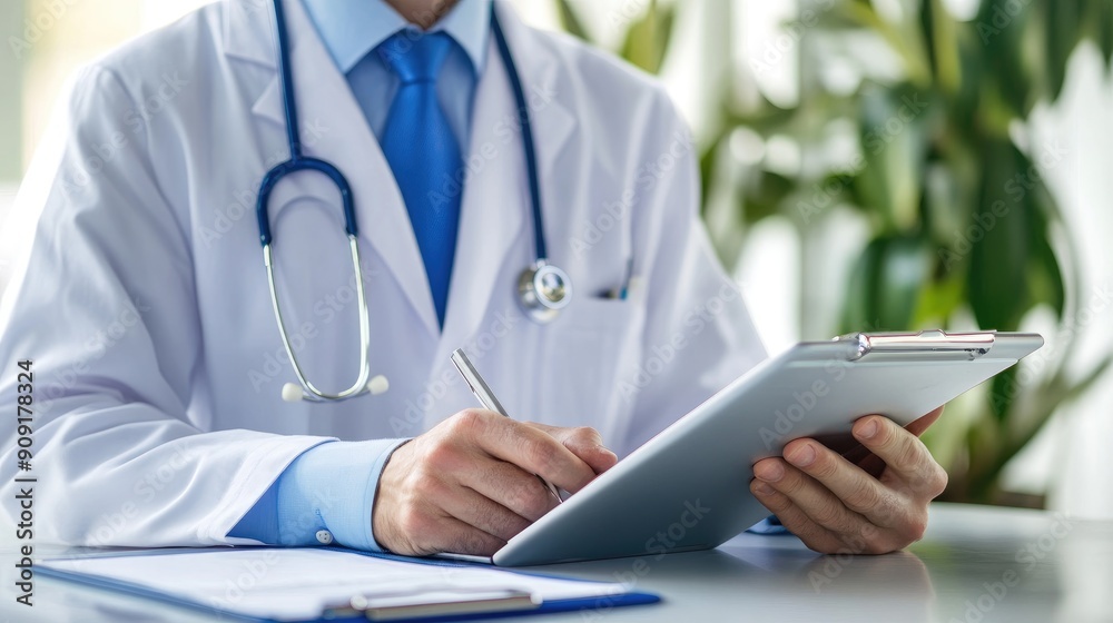 A doctor is writing on a clipboard while sitting at a desk A doctor is writing on a clipboard while sitting at a desk