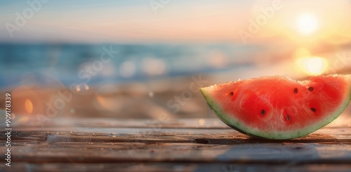 Slices of Watermelon on Wooden Table at Sunset by the Beach