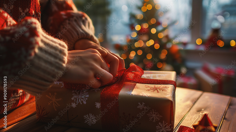 Closeup of woman's hands wrapping christmas gift on wooden table Closeup of woman's hands wrapping christmas gift on wooden table