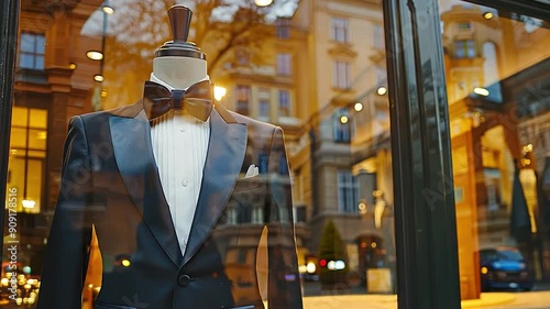 Mannequin with bow tie and tuxedo in storefront photo