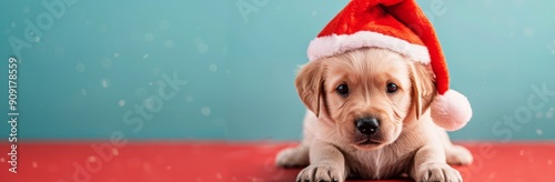 Christmas Puppy Wearing Santa Hat Against Red Background