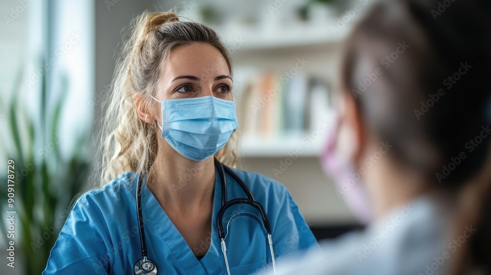 A woman in a blue scrubs is wearing a mask A woman in a blue scrubs is wearing a mask