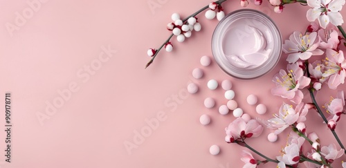 Floral Arrangement With Homeopathic Pellets and Cream on Soft Pink Background