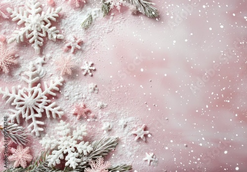 Snowflakes Spread Across a Soft Pink Surface in Winter Decor
