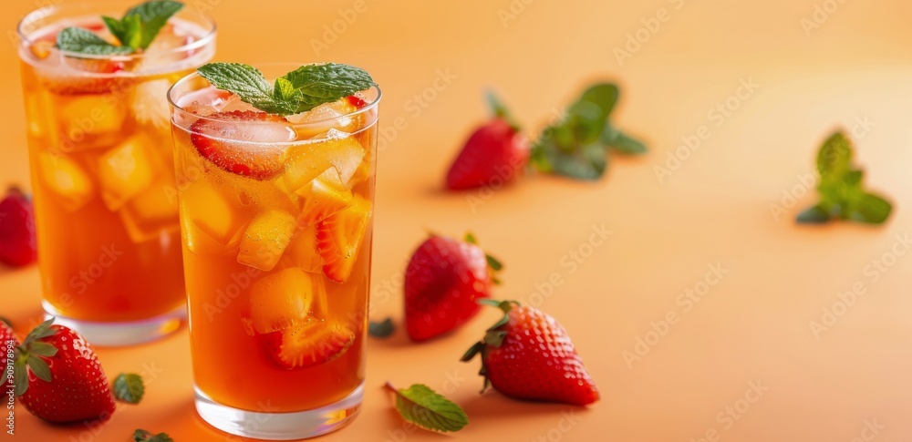 Refreshing Strawberry Drink With Mint Leaves on Orange Background Refreshing Strawberry Drink With Mint Leaves on Orange Background