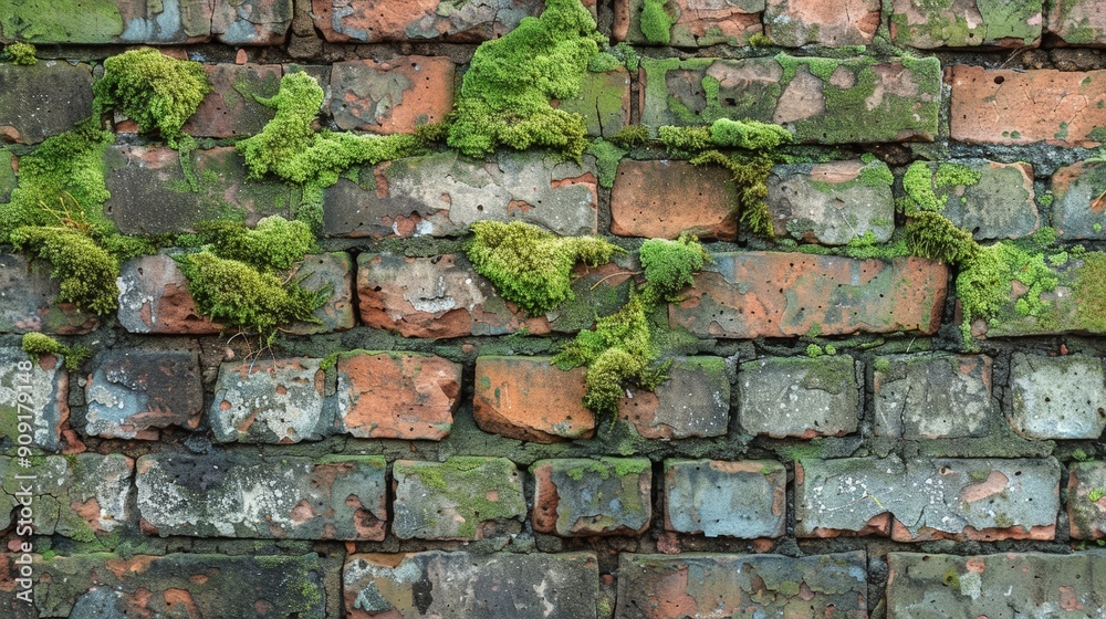 Rustic brick wall texture with weathered details and moss accents Rustic brick wall texture with weathered details and moss accents