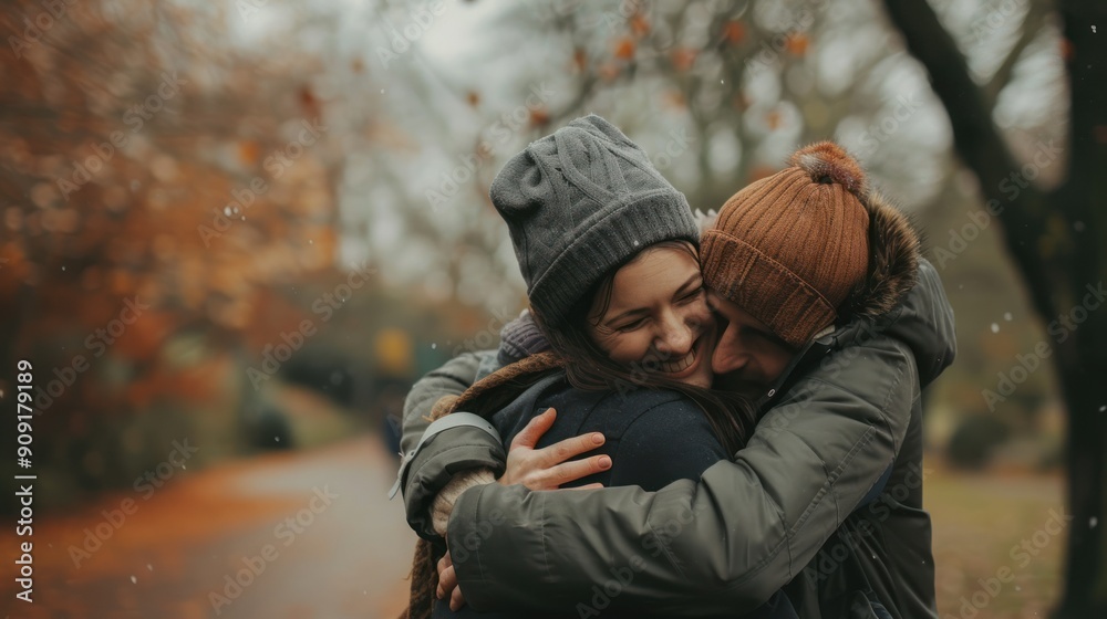 Young adult couple hugging affectionately in a city park Young adult couple hugging affectionately in a city park