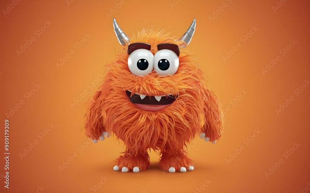 Fototapeta premium Adorable 3D cartoon character of a cute orange furry monster with big eyes and a playful expression.