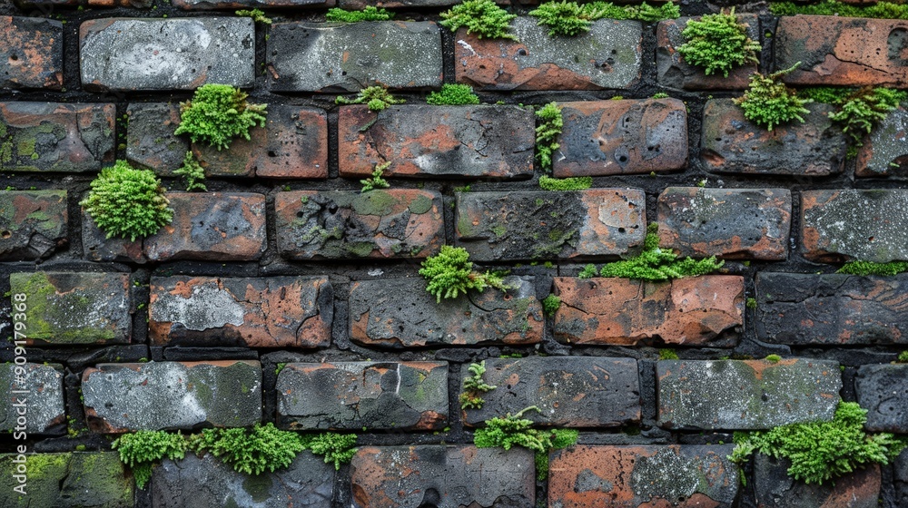 Rustic brick wall texture with weathered details and moss accents
