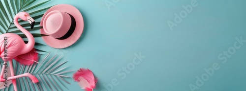 Flamingo Wearing Straw Hat Against Pastel Background