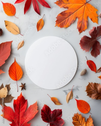 Fall Leaves Arranged Around A Round White Surface On A Gray Background