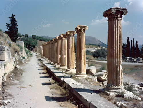 Ancient Greek athletes compete in first Olympic Games, showcasing strength and agility in stylized art. photo