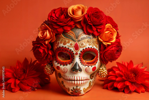 Vibrant Day of the Dead Skull Mask with Red and Orange Flowers on an Orange Background