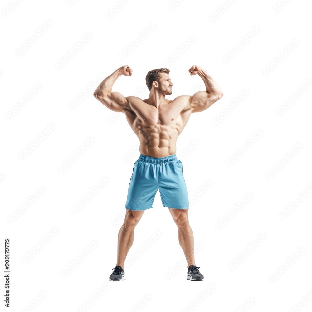 A man with a muscular build is posing for a photo in blue shorts A man with a muscular build is posing for a photo in blue shorts