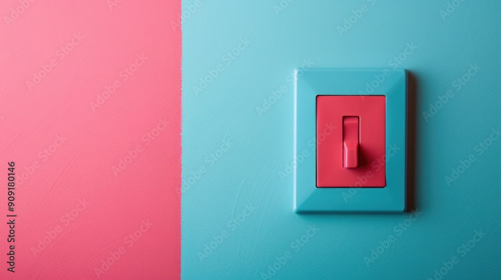 A red and blue light switch on a blue and pink wall, perfect for interior design or home decor images