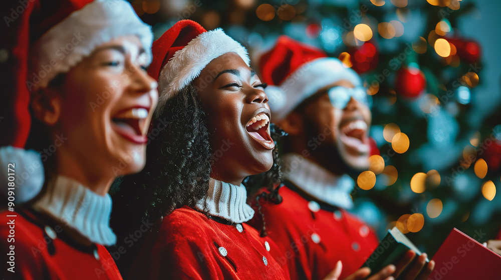 Group of riends in red sweaters and Santa hats celebrating Christmas Group of riends in red sweaters and Santa hats celebrating Christmas