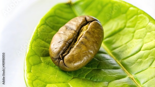 A Single Roasted Coffee Bean on a Green Leaf photo