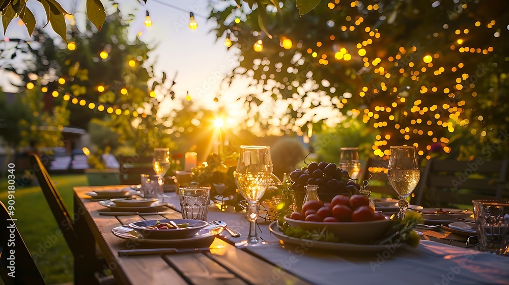 Place setting on table in backyard decoration and lighting equipment against sky Place setting on table in backyard decoration and lighting equipment against sky