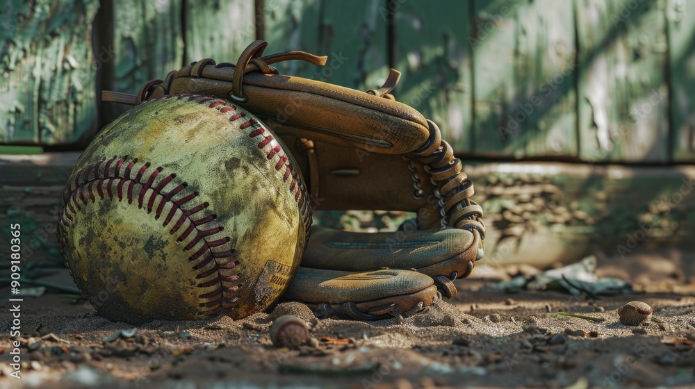 A baseball mitt and glove sitting on the ground A baseball mitt and glove sitting on the ground