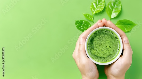 Hands holding a bowl of matcha tea powder with green leaves on a green background, promoting wellness and relaxation.