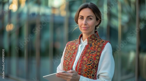The woman with tablet photo