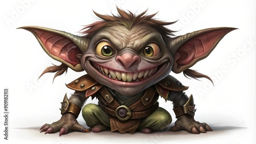 A mischievous goblin with a toothy grin, wearing armor and a belt photo