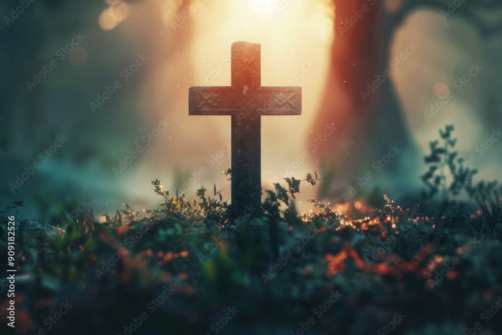 A wooden cross surrounded by trees and foliage in a dense forest A wooden cross surrounded by trees and foliage in a dense forest