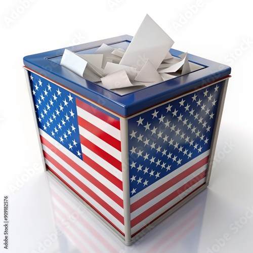 A blue ballot box with the American flag printed on it. Papers are being placed in the box, symbolizing voting, democracy, participation, and civic duty. photo