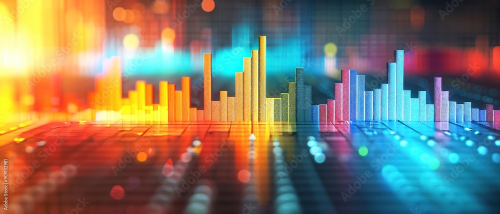 Vibrant multicolored digital graph on blurred background showcasing data visualization and analytics in a technological context. Vibrant multicolored digital graph on blurred background showcasing data visualization and analytics in a technological context.